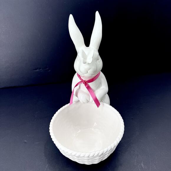 Williams Sonoma Ceramic Bunny Rabbit with Basket and Butterfly Candy Dish - Picture 4 of 8